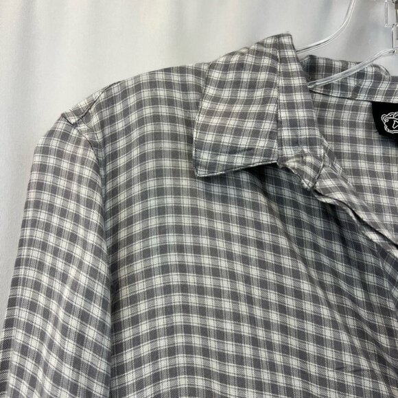 Angie Womens Button Up Shirt Gray Plaid Long Sleeve Cuff Collar Pocket Rayon M - Picture 4 of 11